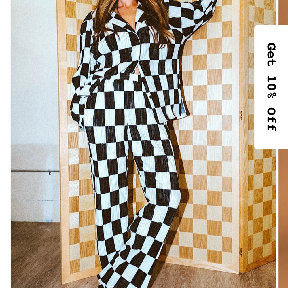 Dressed in Lala Long Sleeve Plissé Set in Checkerboard